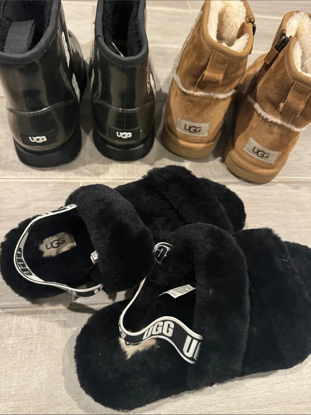 UGG Kids Black Faux Fur Slide Sandals